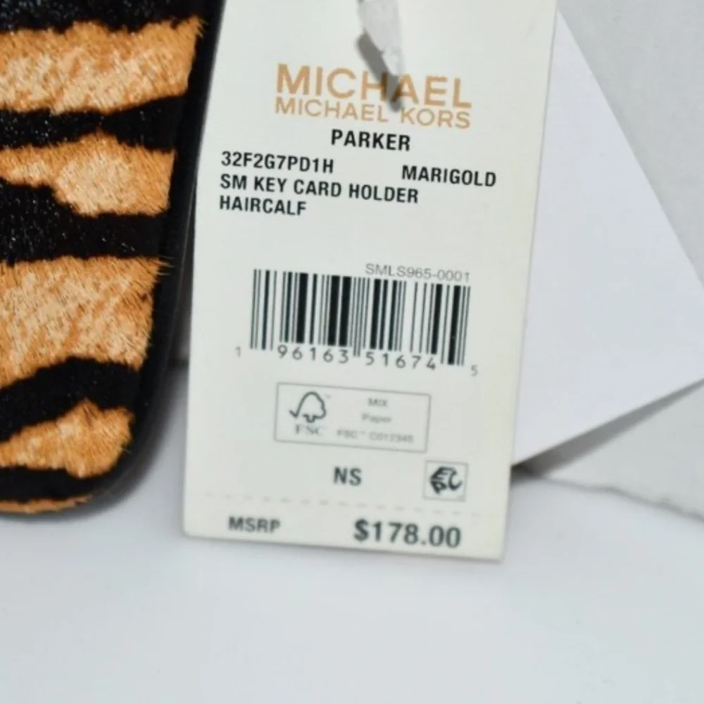 NWT Michael Kors Parker Small Tiger Print Calf Hair Zip Card Case